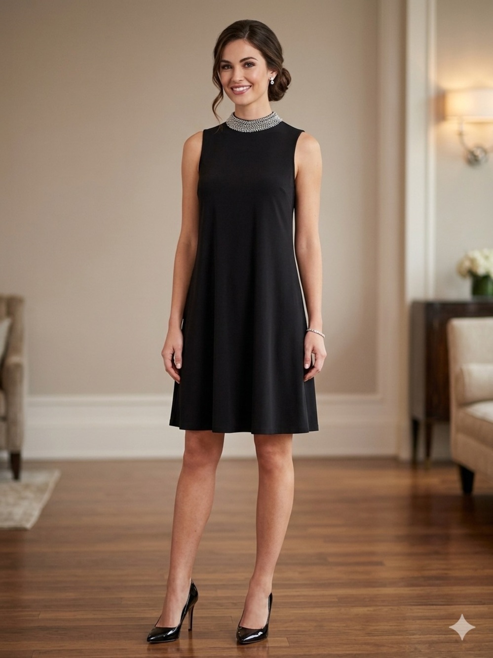 TASH + SOPHIE Sleeveless Black Dress with Embellished Collar. Size 6